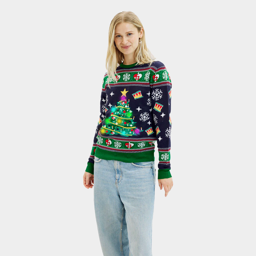 Camisola de Natal Mulher Azul com Luzes LED Árvore de Natal
