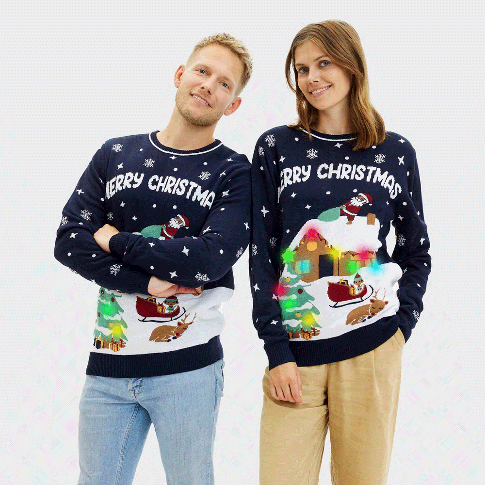 Camisola de Natal para Mulher com Luzes LED Azul Merry Christmas homem