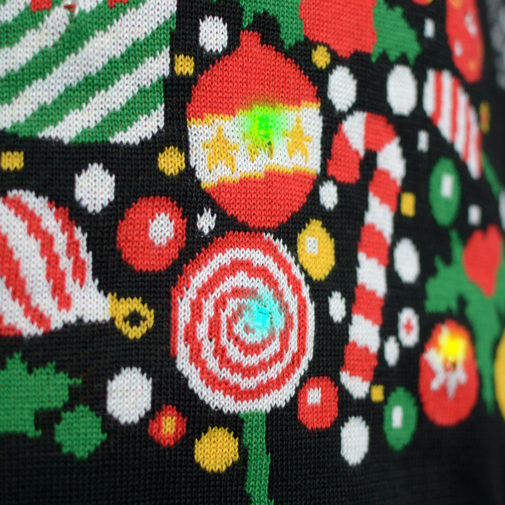 Camisola de Natal para Mulher com Luzes LED Preta Árvore de Natal detalhe