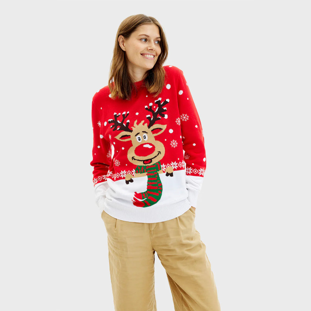 Camisola de Natal para Mulher Algodão Orgânico Rena Cachecol 
