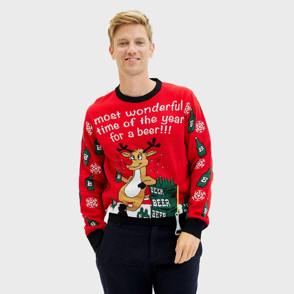Camisola de Natal homem Mulher Rena com Abridor de Cerveja
