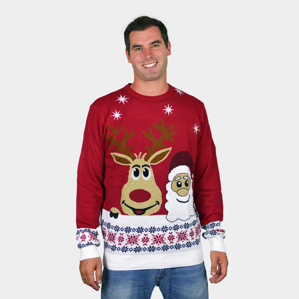Camisola de Natal Homem mulher com Rena e Pai Natal Sorridentes

