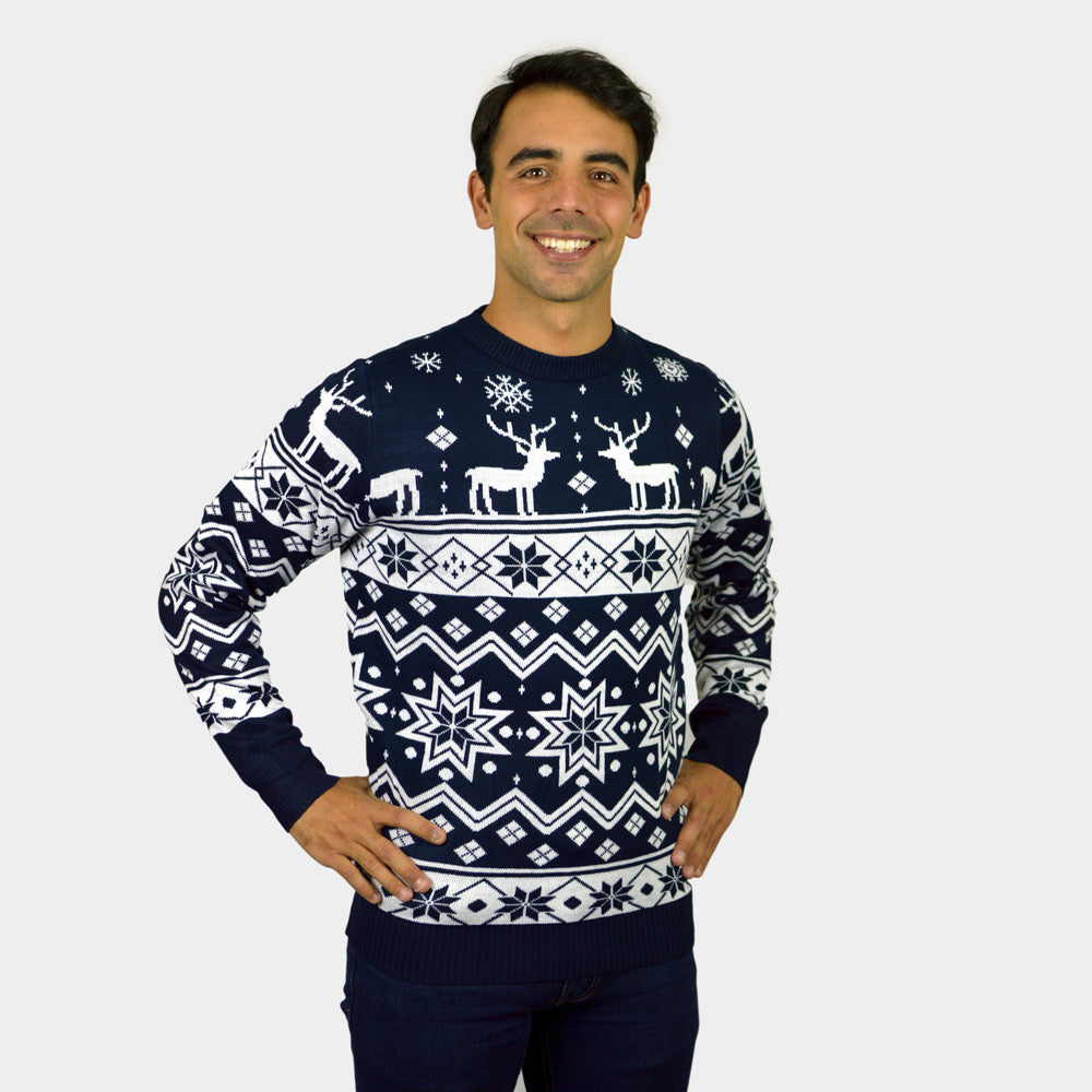 Camisola de Natal homem Mulher com Renas e Estrelas Azul Nordic
