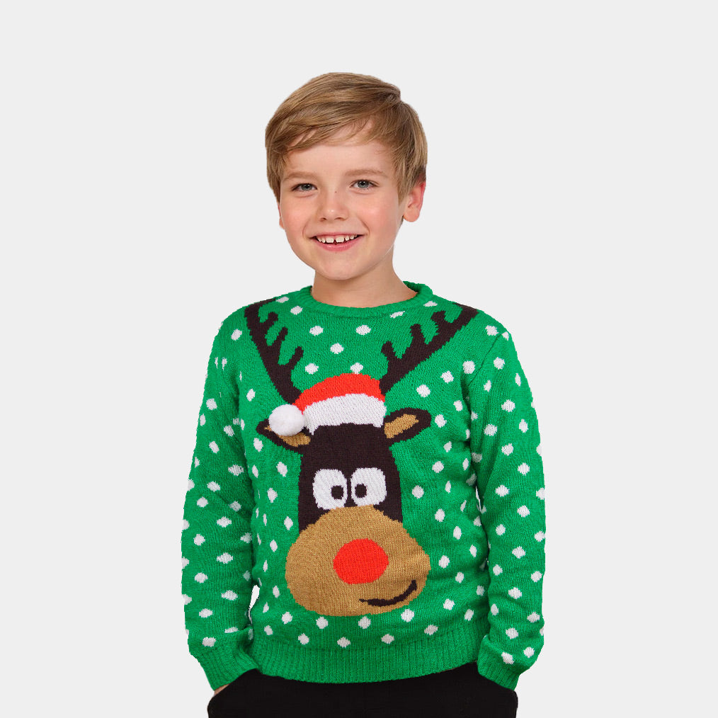 Camisola de Natal para Mulher Menino Verde Rena com Gorro 3D
