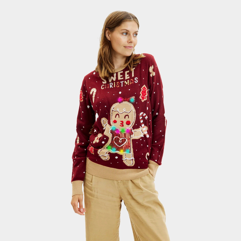 Camisola de Natal para Mulher Vermelha Luzes LED Ginger Cookie
