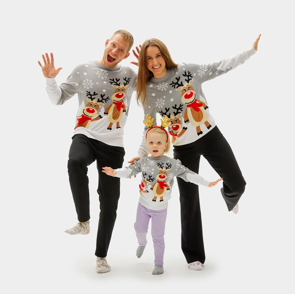 Camisola de Natal para Menina e Menino Familia Cinza com Renas Cute

