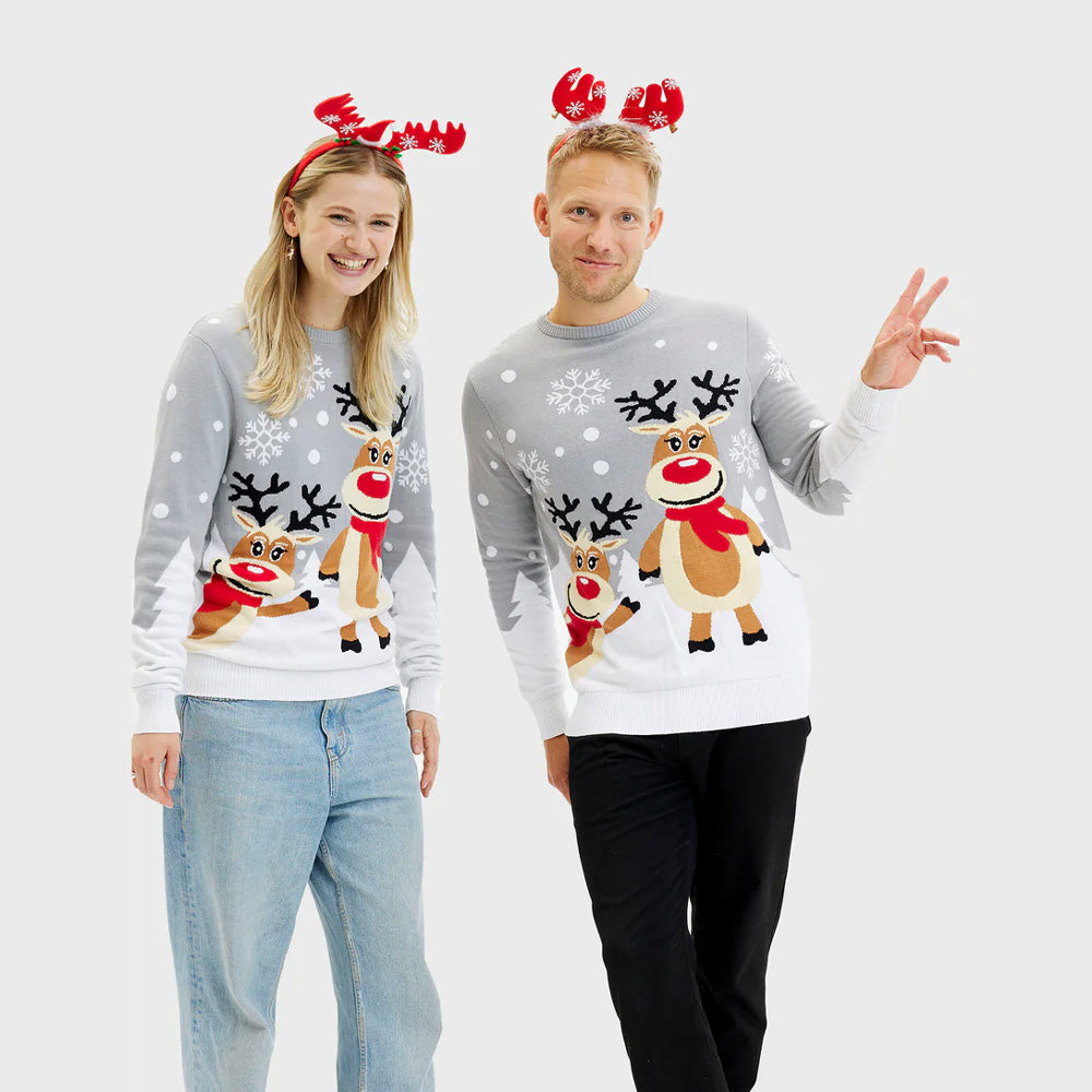 Camisola de Natal para Menina e Menino Cinza com Renas Cute Mulher e Homem
