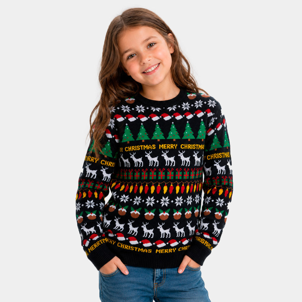 Camisola de Natal Preta para Menina Árvores, Renas e Presentes

