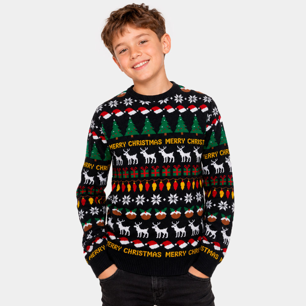 Camisola de Natal Preta para Menino Árvores, Renas e Presentes

