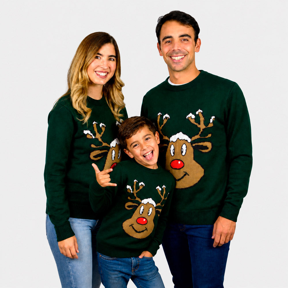 Camisola de Natal Família Verde com Rena Sorridente
