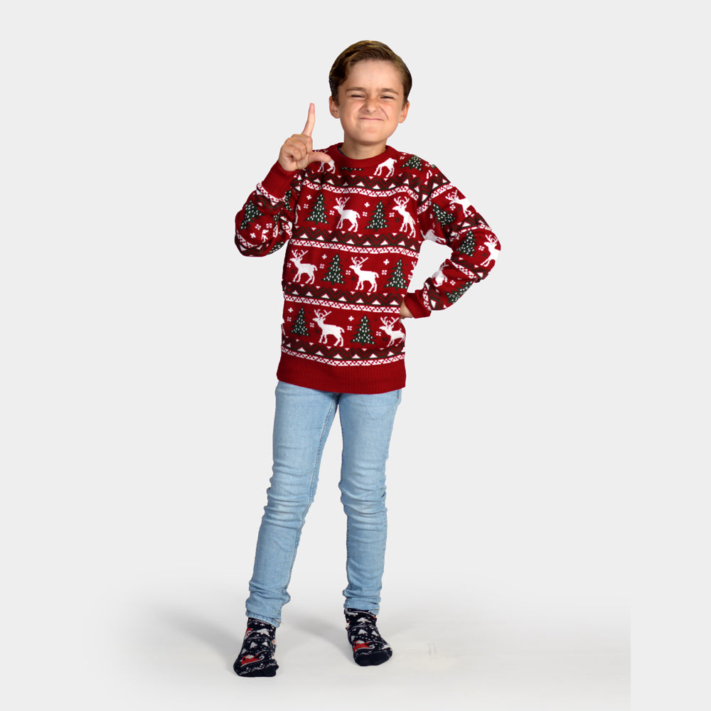 Camisola de Natal Menina e Menino Vermelha com Árvores de Natal e Renas
