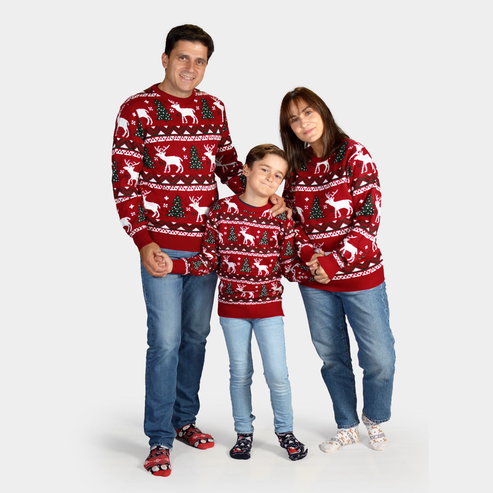 Camisola de Natal para Menina e Menino Vermelha com Árvores de Natal e Renas Família