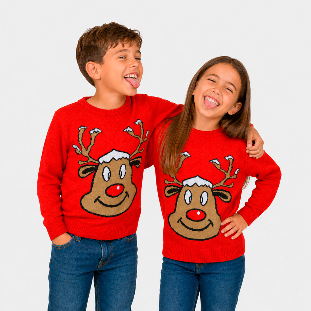 Camisola de Natal Família Vermelha com Rena Sorridente Crianças