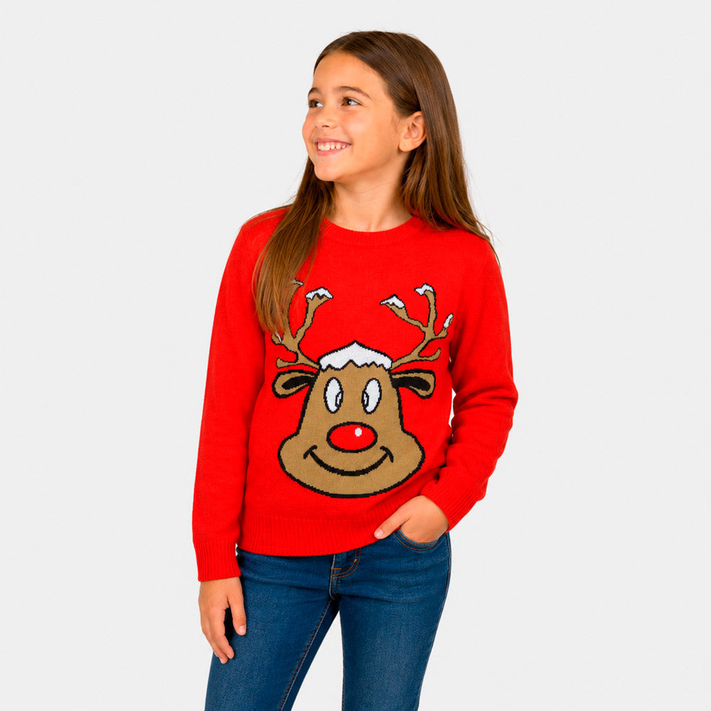 Camisola de Natal Família Vermelha com Rena Sorridente Menina