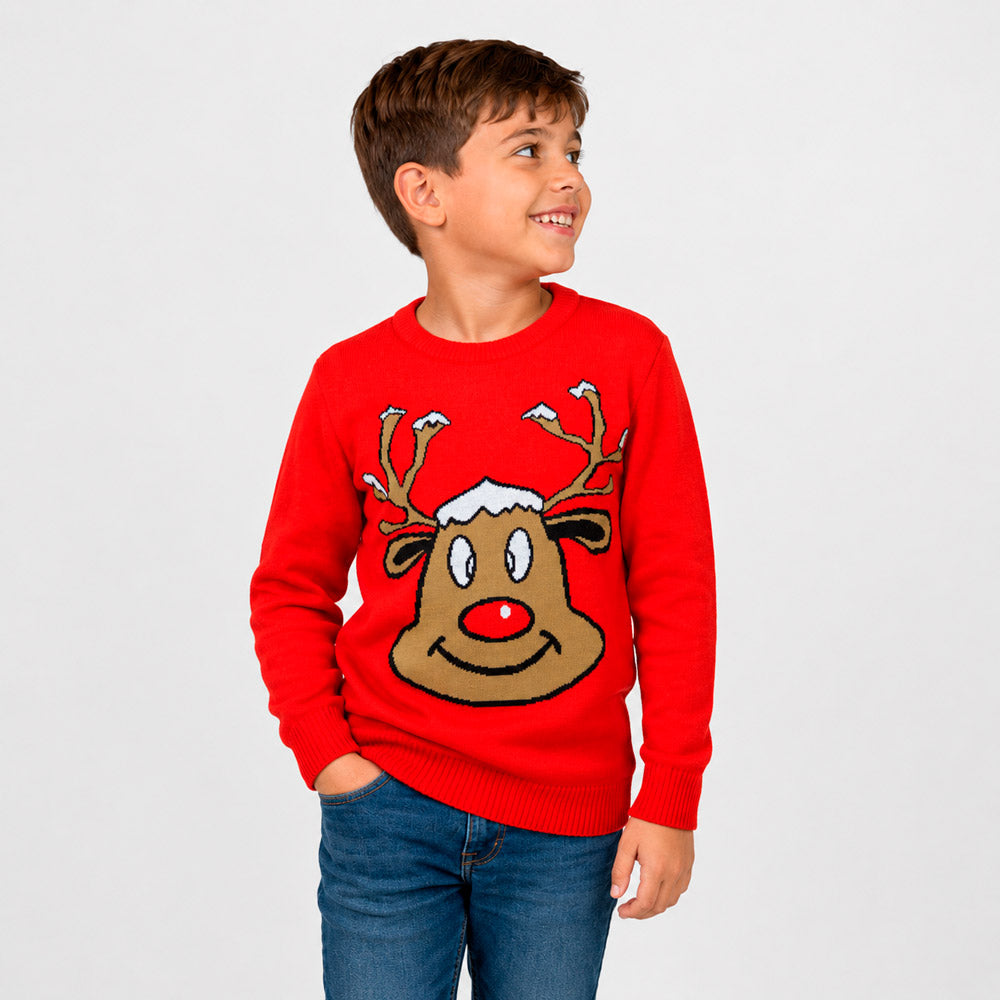 Camisola de Natal Família Vermelha com Rena Sorridente Menino
