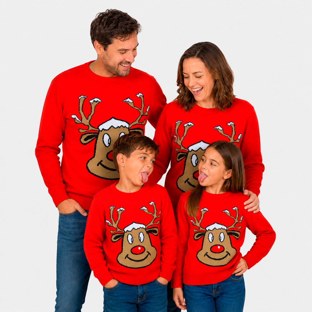 Camisola de Natal Família Vermelha com Rena Sorridente
