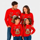 Camisola de Natal Família Vermelha com Rena Sorridente
