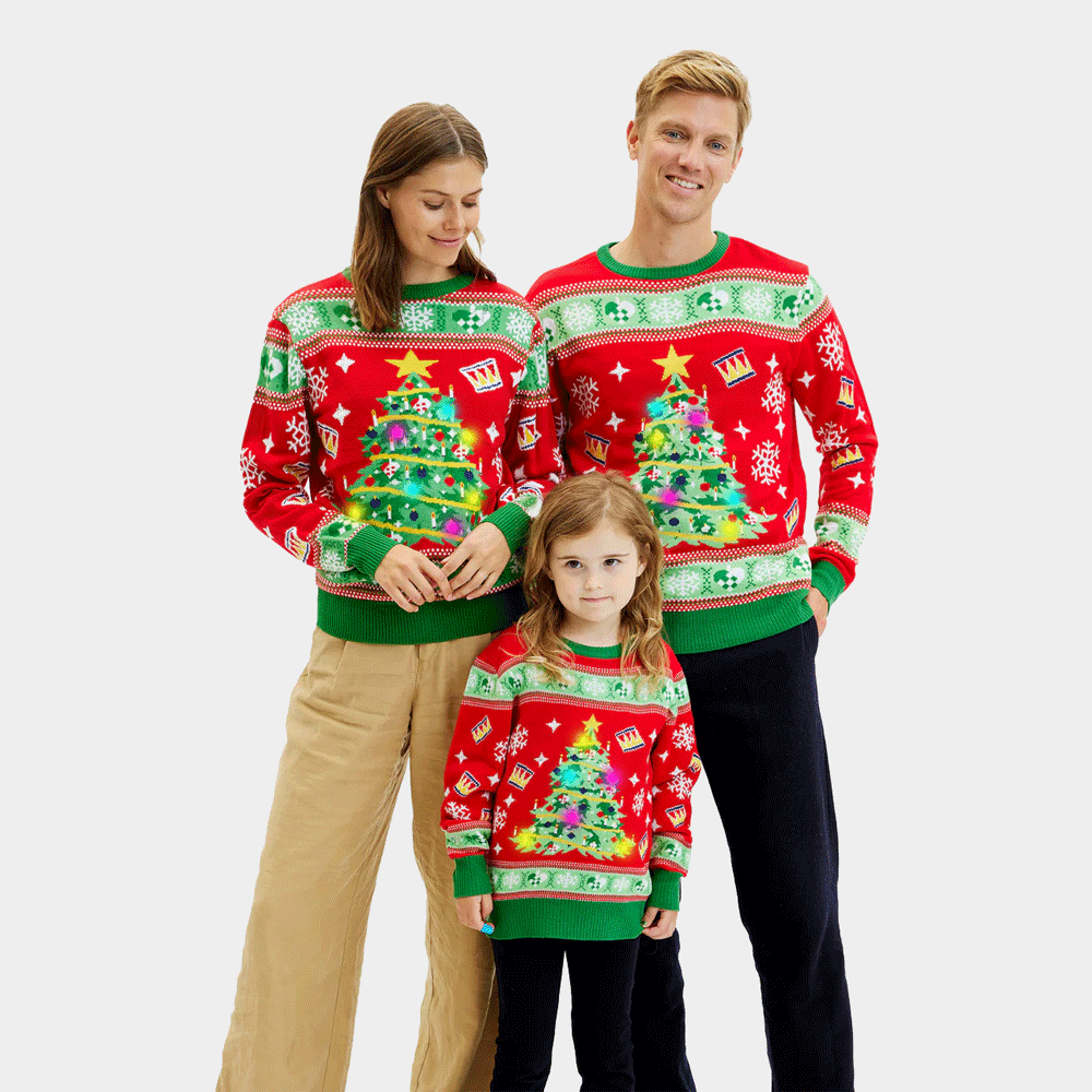 Camisola de Natal Vermelha Luzes LED Familia Árvore de Natal
