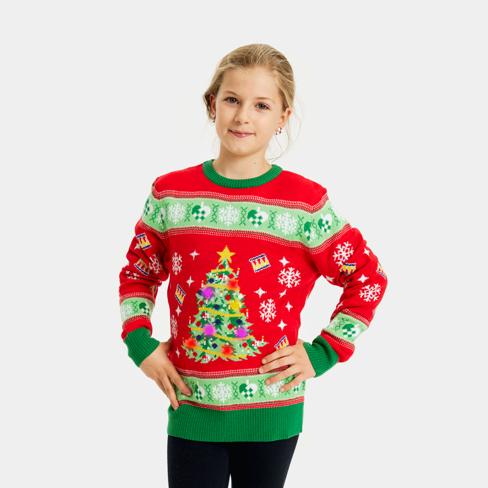 Camisola de Natal Vermelha com Luzes LED para Menina eÁrvore de Natal