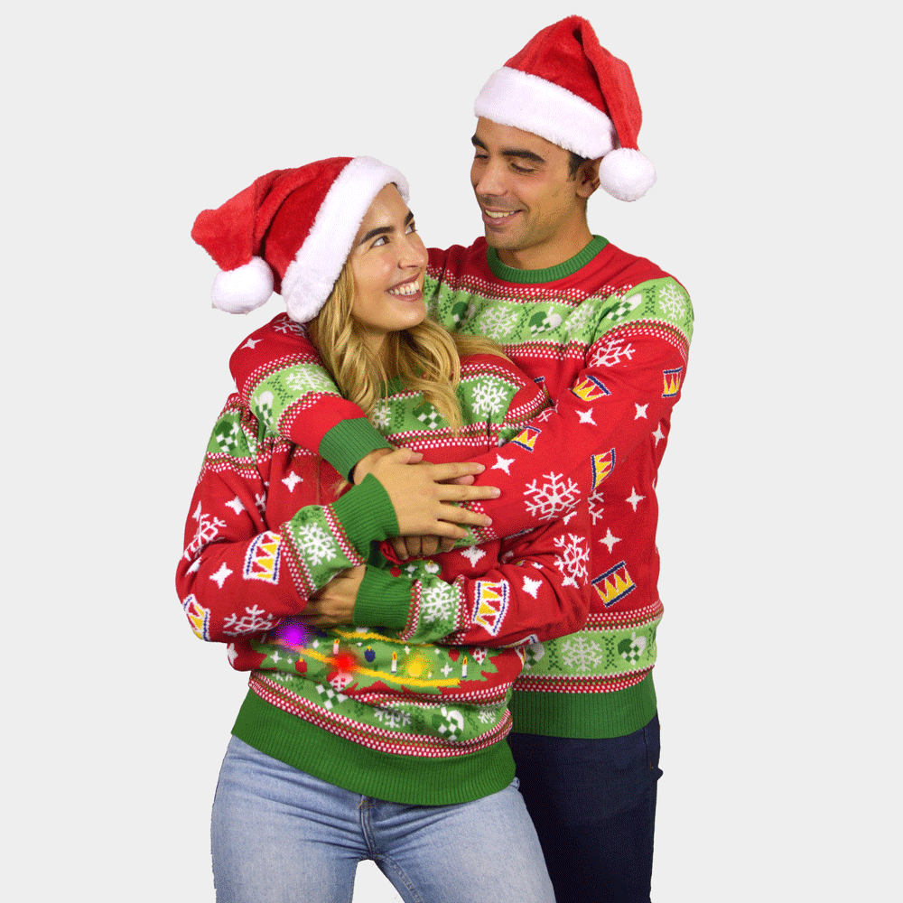 Camisola de Natal Vermelha Luzes LED Menina Menino Árvore de Natal Mulher e Homem
