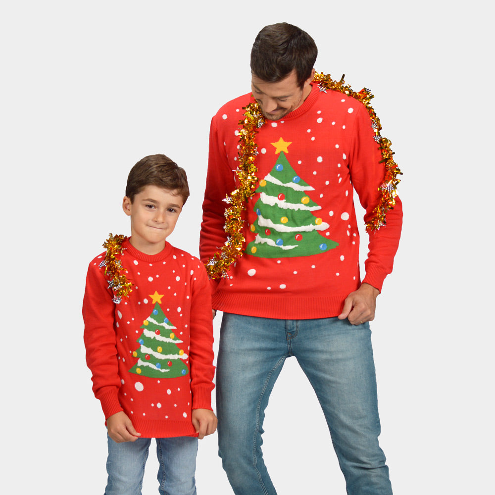 Camisola de Natal Vermelha para Menina y Menino e Homem Árvore de Natal
