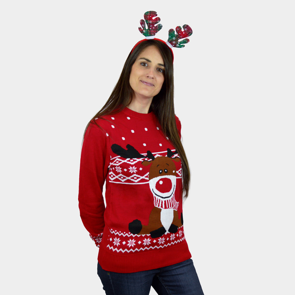 Camisola de Natal Vermelha Menina y Menino Mulher Rena Rudolph Cachecol
