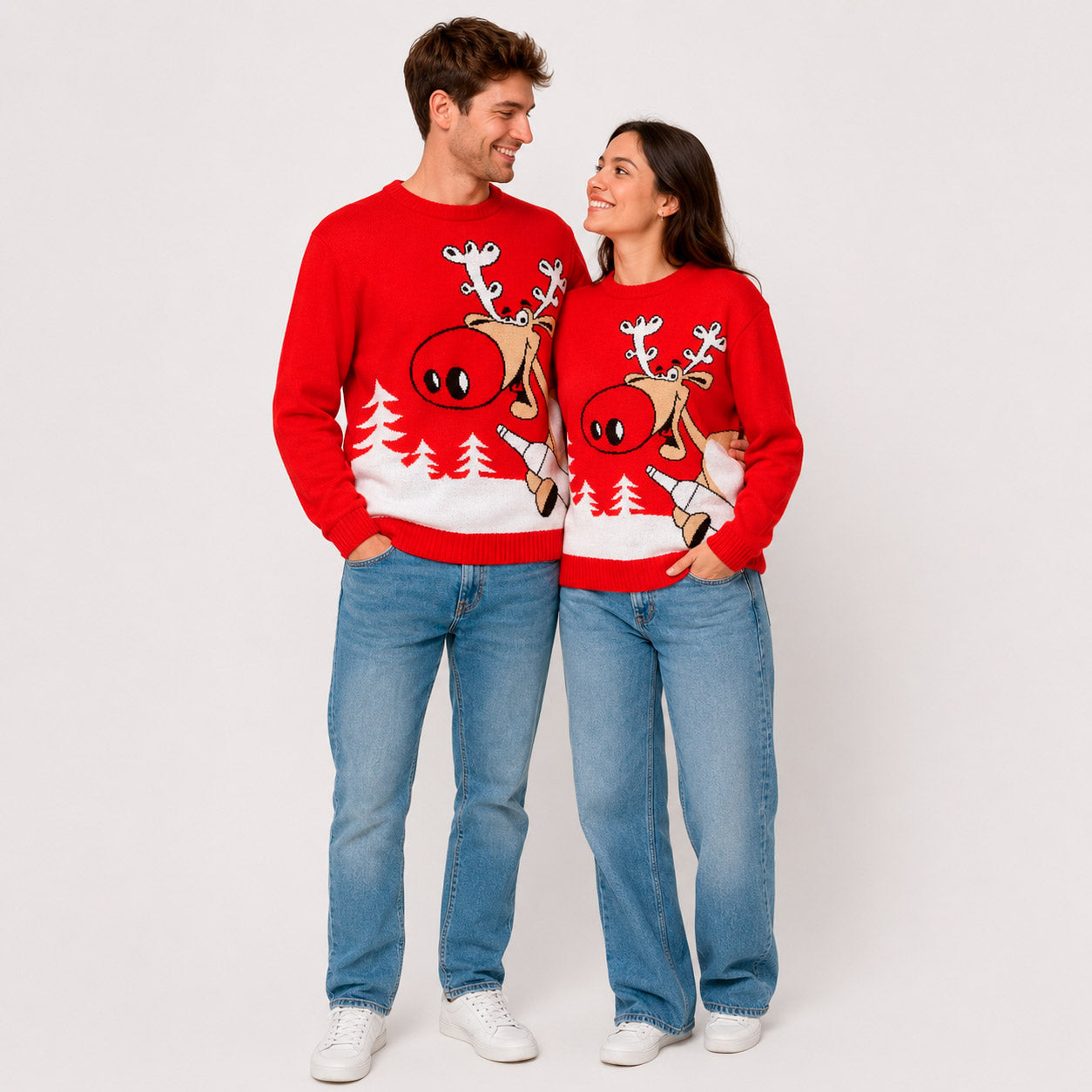 Camisola de Natal Família Vermelha Rena com Cerveja Casal
