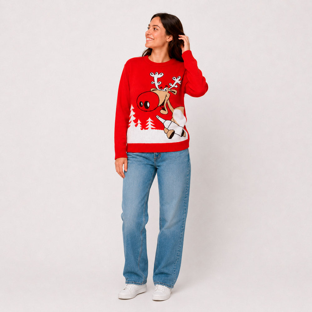Camisola de Natal Família Vermelha Rena com Cerveja Mulher
