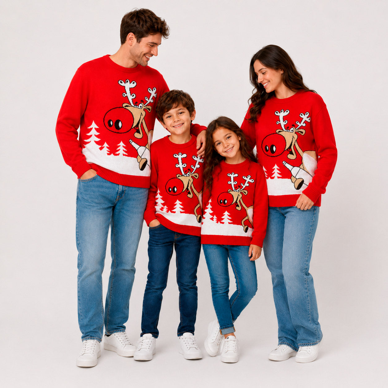 Camisola de Natal Família Vermelha Rena com Cerveja
