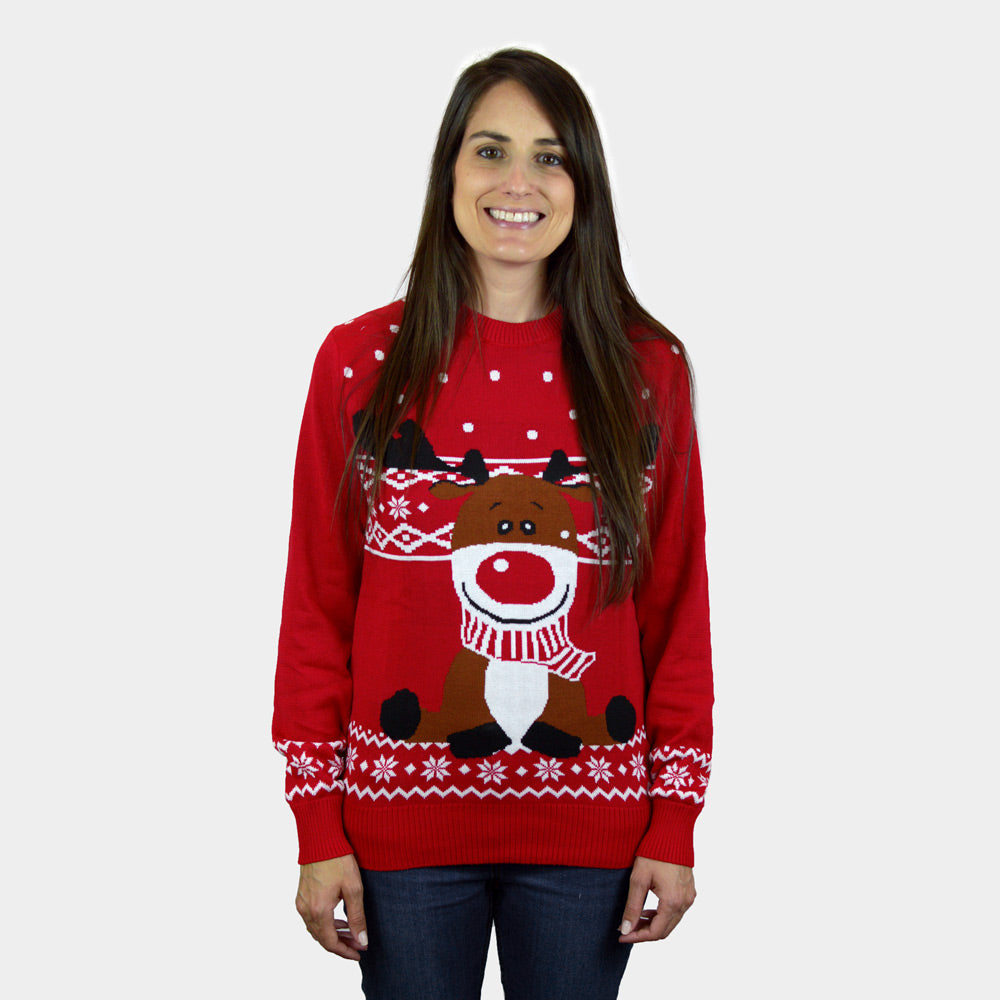 mulher Camisola de Natal Vermelha Rena Rudolph Cachecol