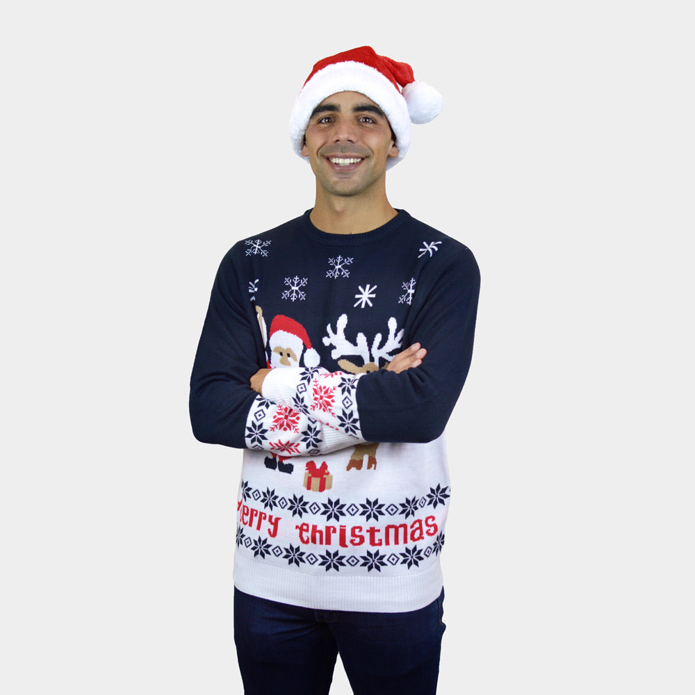 Camisola de Natal Homem Azul con Pai Natal e Rena Rudolph