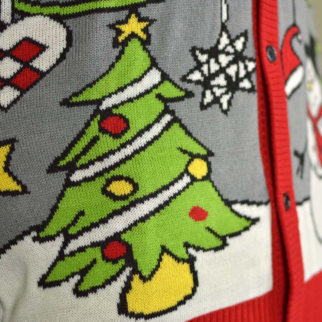 detalhe Camisola de Natal Cardigan Árvore e Boneco de Neve