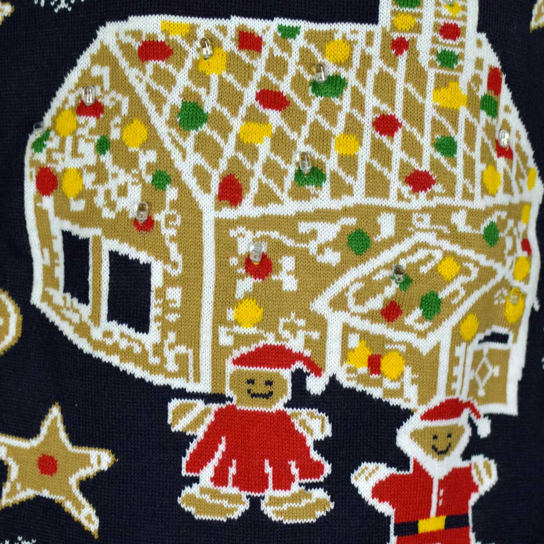 Camisola de Natal para Homem Luzes LED Casa Gingerbread