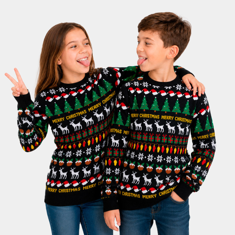 Família Camisola de Natal Preta para Menina e Menino Árvores, Renas e Presentes
