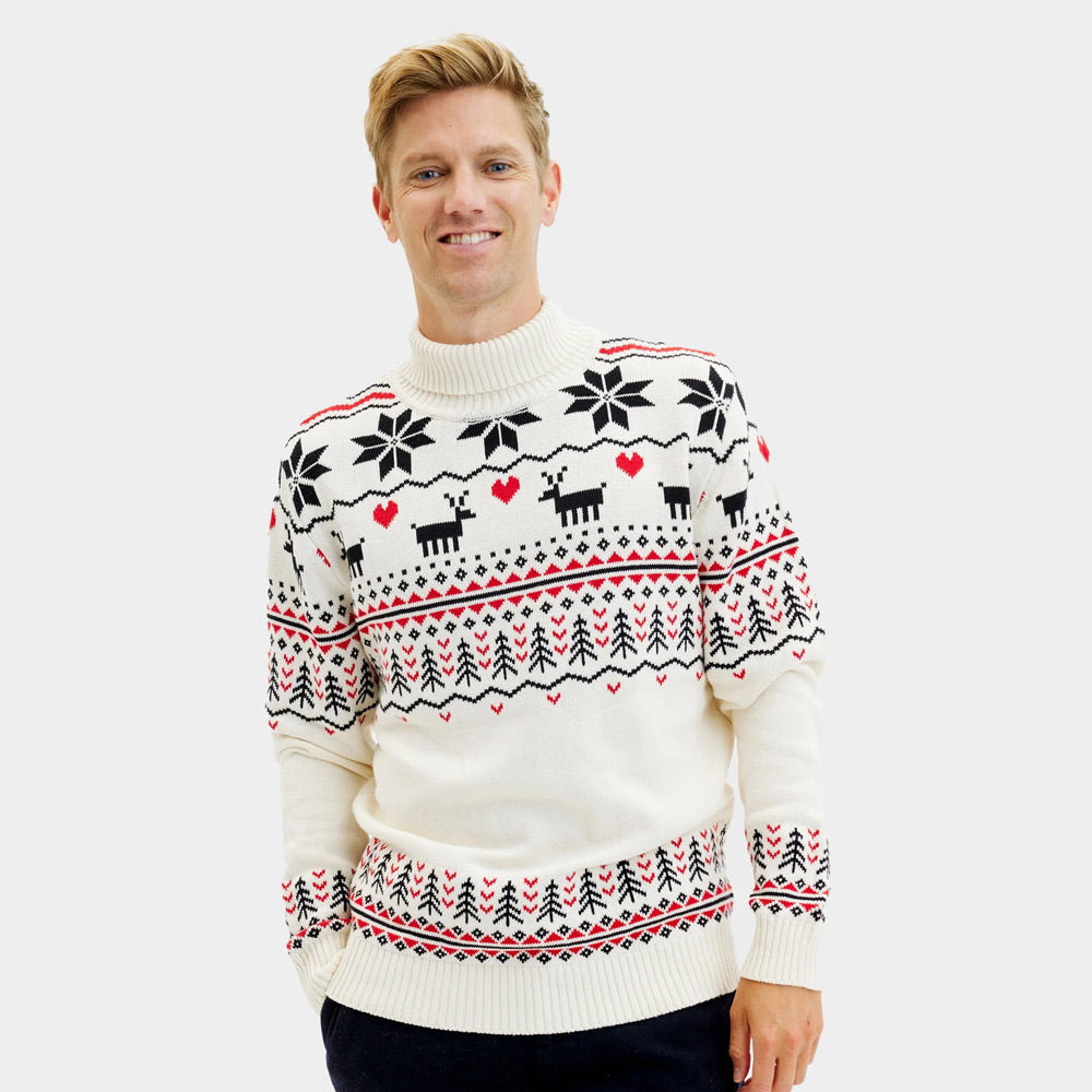 Algodão Orgânico Camisola de Natal para Homem de Gola Alta bege Renas