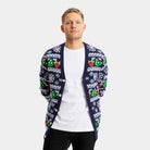 homem Camisola de Natal Cardigan para Casal Azul com Renas e Árvores