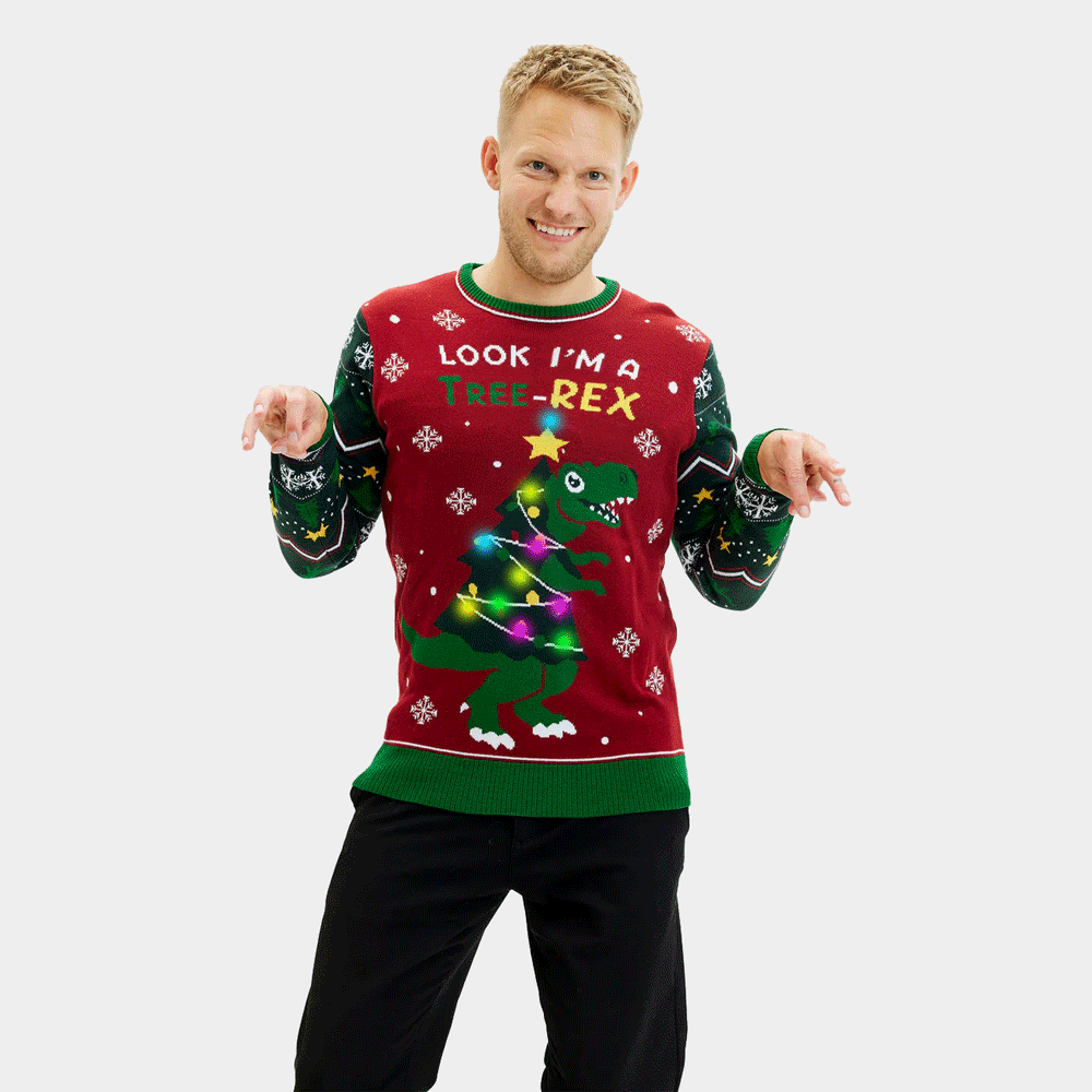 homem Camisola de Natal para Casal com Luzes LED Christmas Tree-Rex