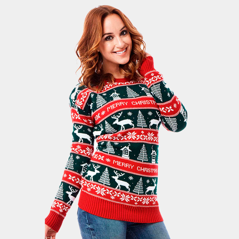 mulher Camisola de Natal para Casal Listras Verdes e Vermelhas Merry Christmas