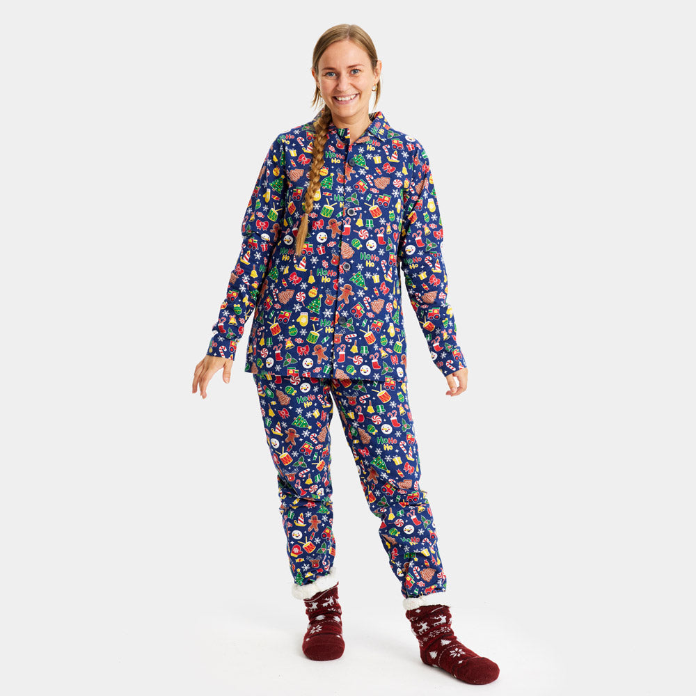 Pijama de Natal Mulher Crianças Azul com Motivos Natalícios
