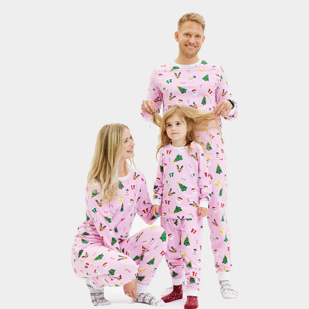 Pijama de Natal para Crianças Rosa com Motivos Natalinos Algodão Orgánico Família
