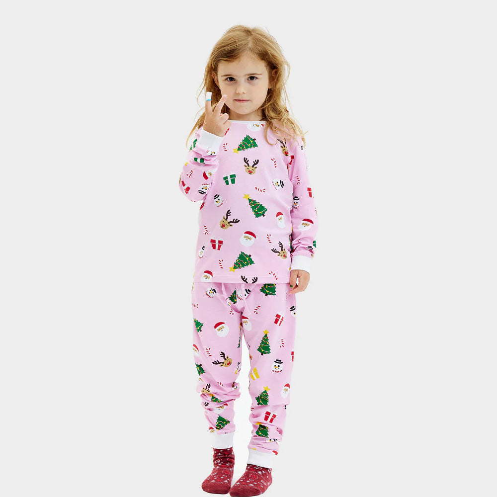 Pijama de Natal para Crianças Rosa com Motivos Natalinos Algodão Orgánico
