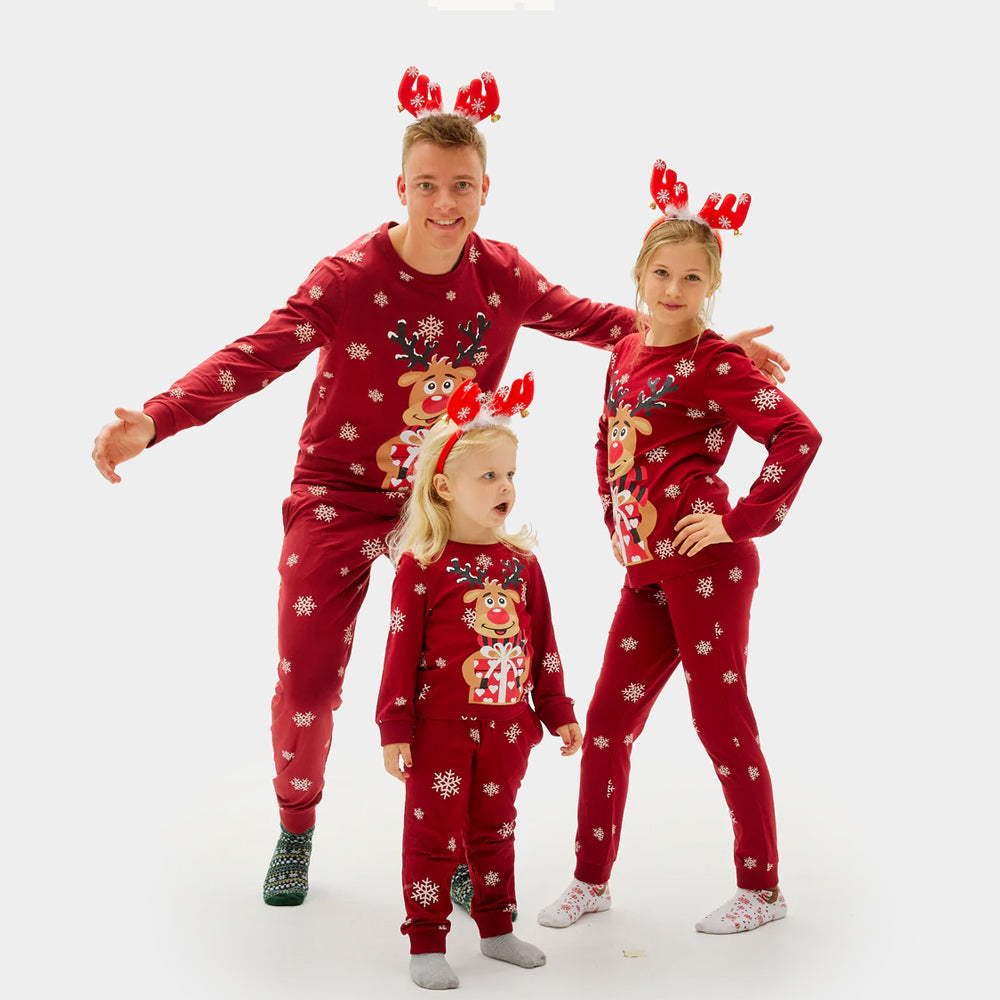 Pijama de Natal Família Crianças Vermelho com Rena Rudolph
