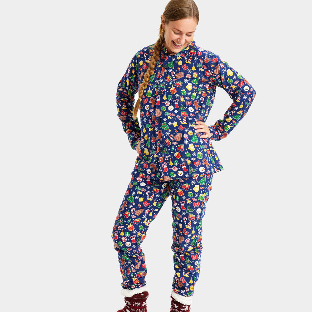 Pijama de Natal Familiar Azul com Motivos Natalícios Mulher