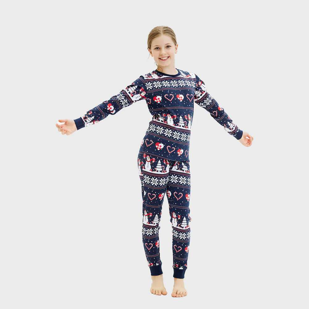Pijama de Natal Familiar Menina Bonecos de neve e Corações

