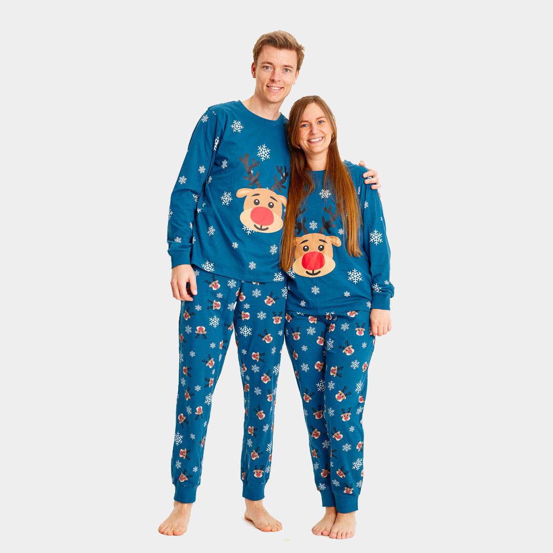 Pijama de Natal para Adultos Unisex Azul com Rena Rudolph