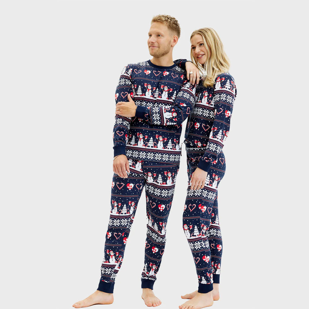 Pijama de Natal para Mulher e Homem Bonecos de neve e Corações
