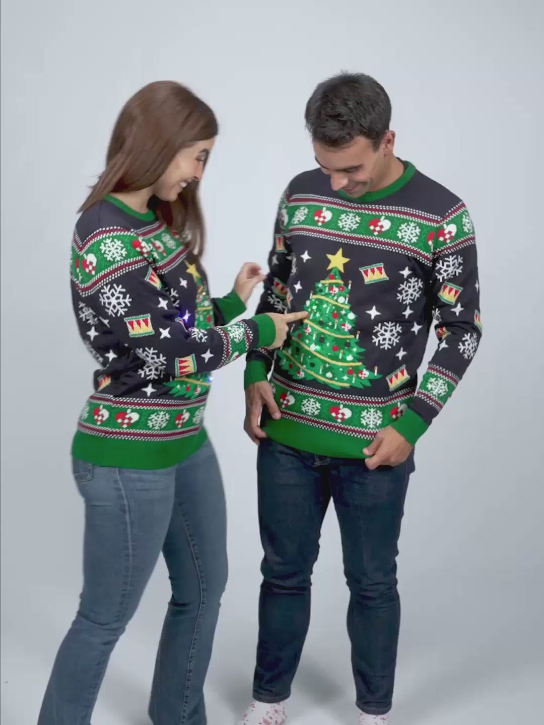 Camisola de Natal Mulher e Homem Azul com Luzes LED Árvore de Natal