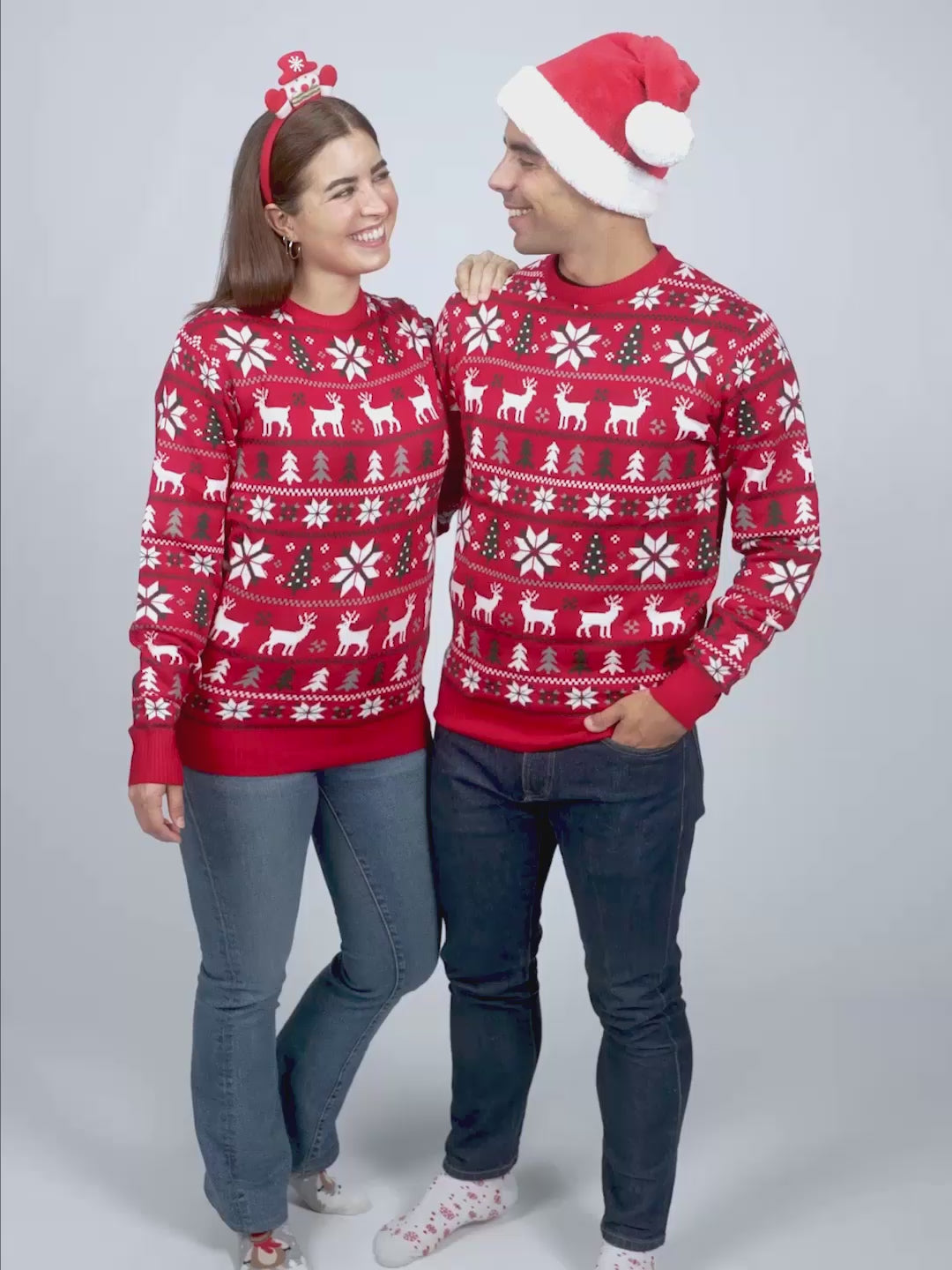 Camisola de Natal para Mulher e homem Vermelha com Renas, Árvores e Estrela Polar