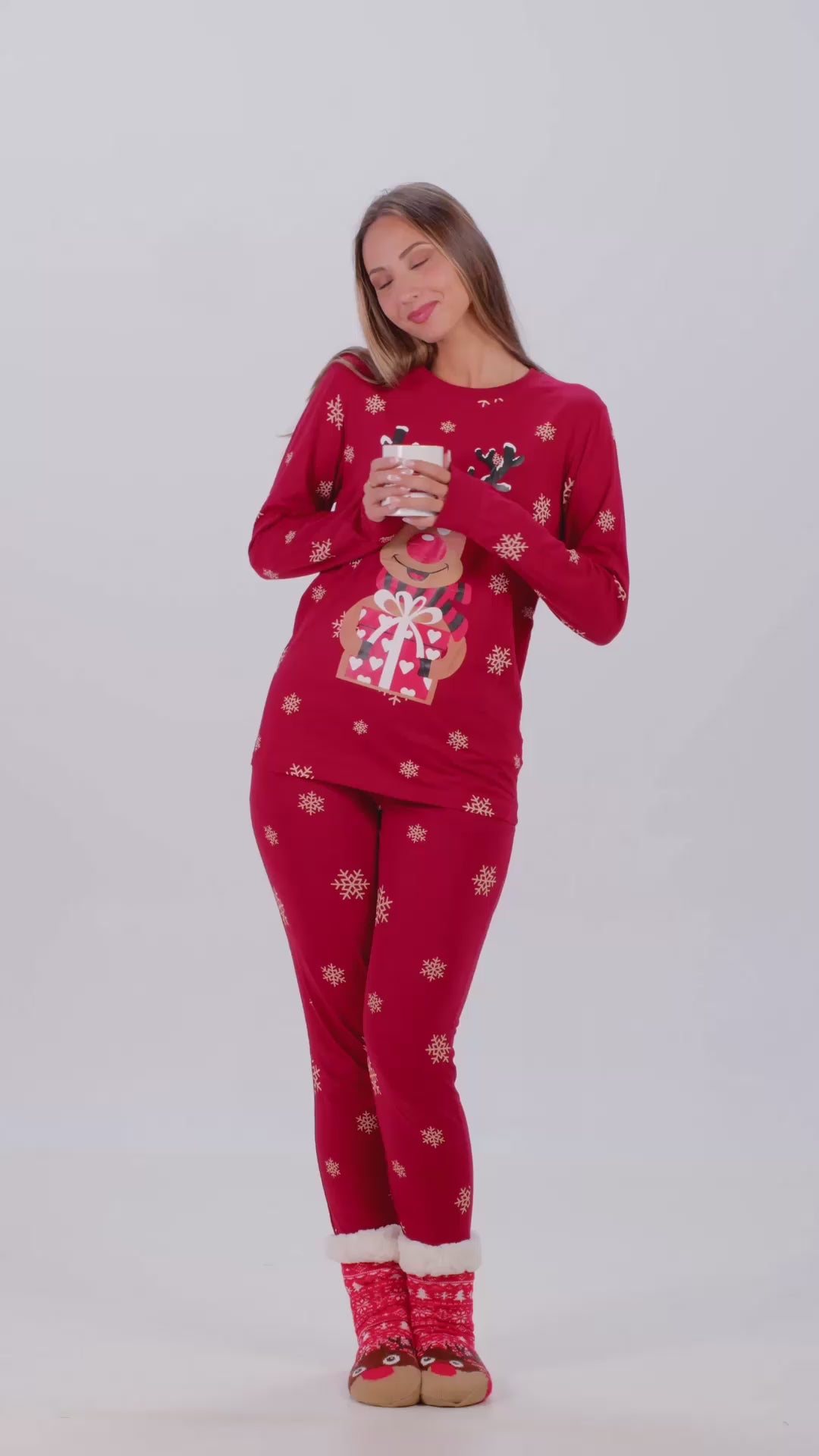 Pijama de Natal para Adultos Unisex Vermelho com Rena Rudolph