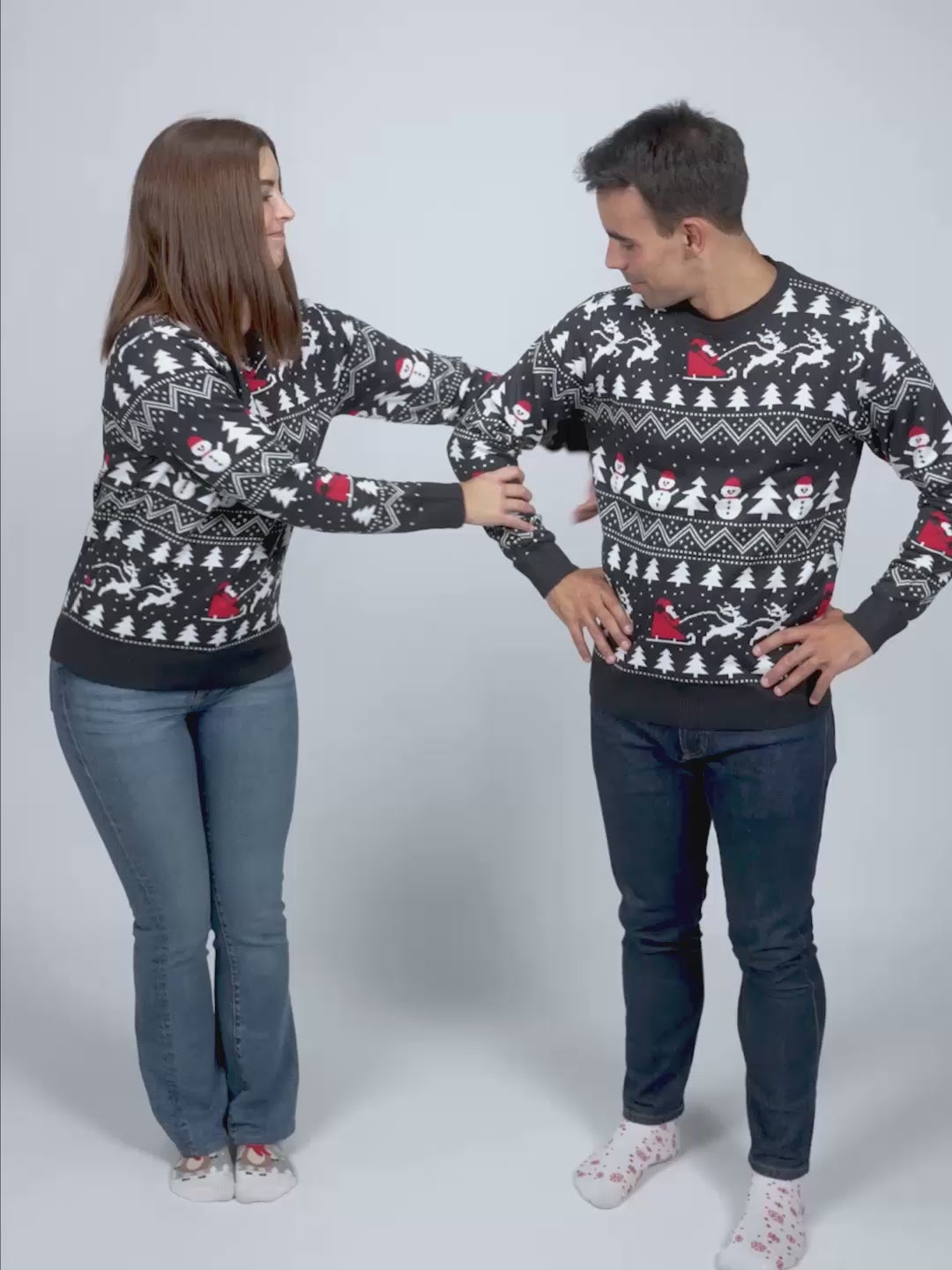 Camisola de Natal para Mulher e Homem Azul com Árvores, Bonecos e Pai Natal